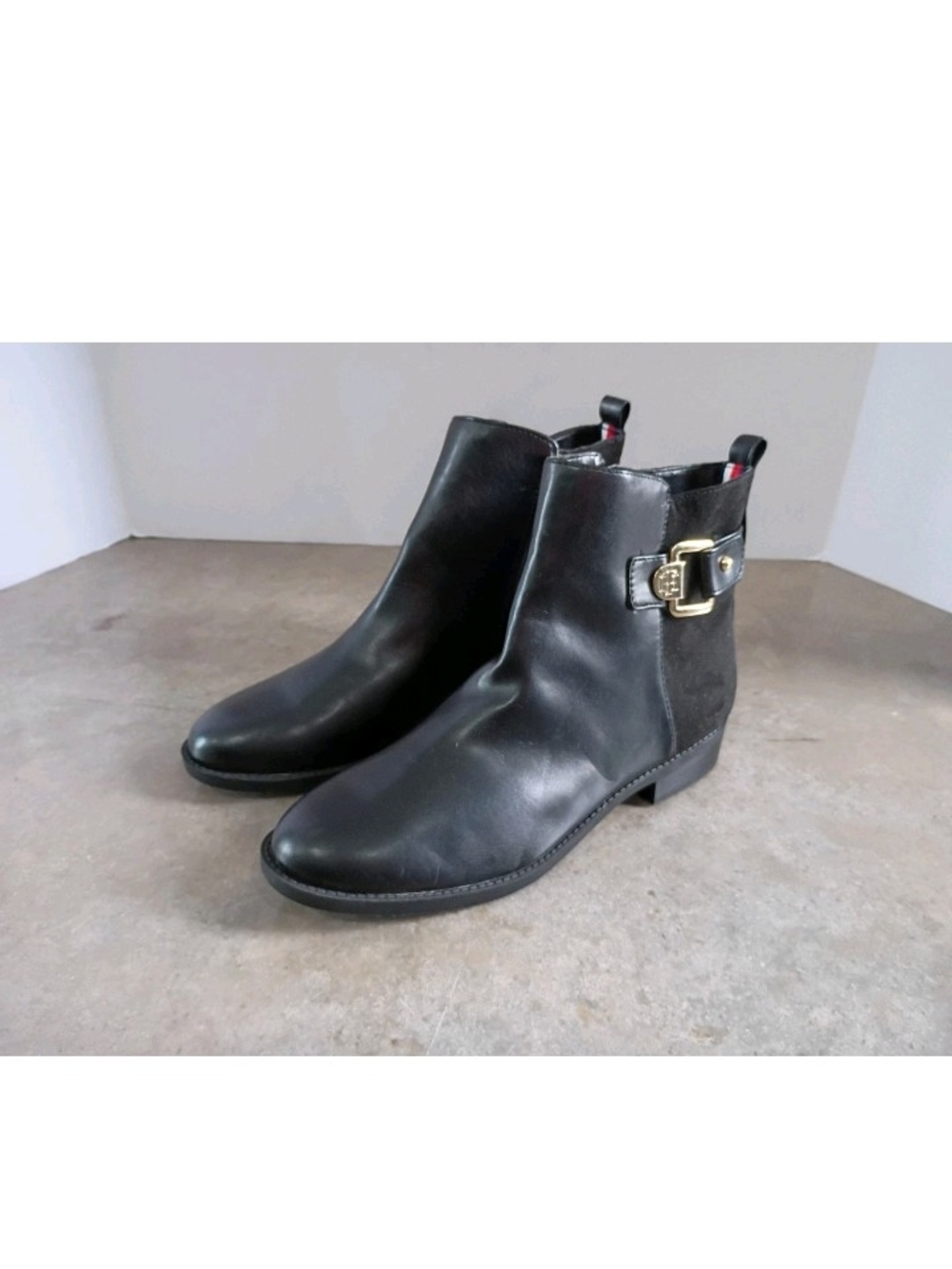 Tommy Hilfiger Black Ankle Boots with Gold Buckle Accent